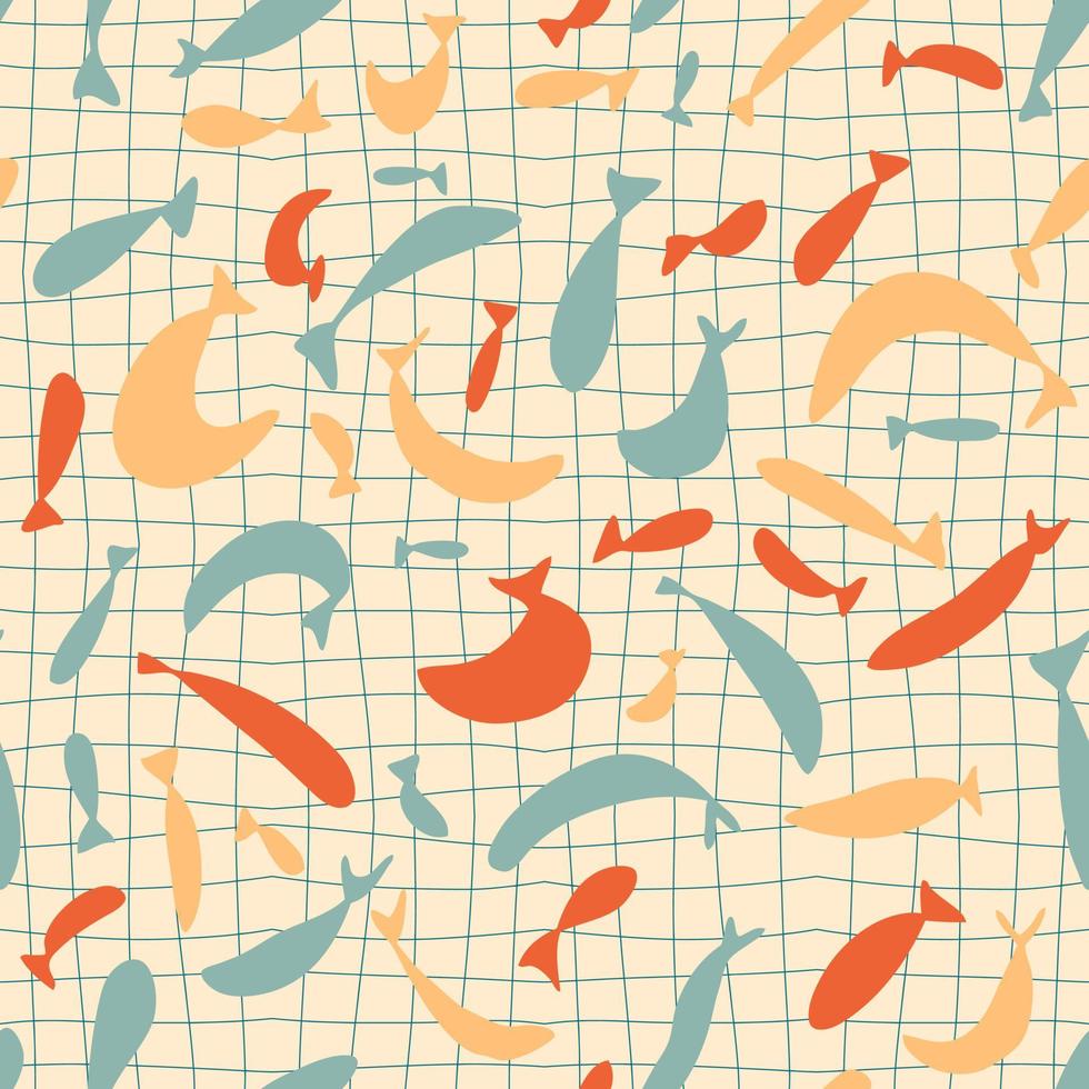 Modern seamless pattern with fishes silhouettes on trippy grid background. vector