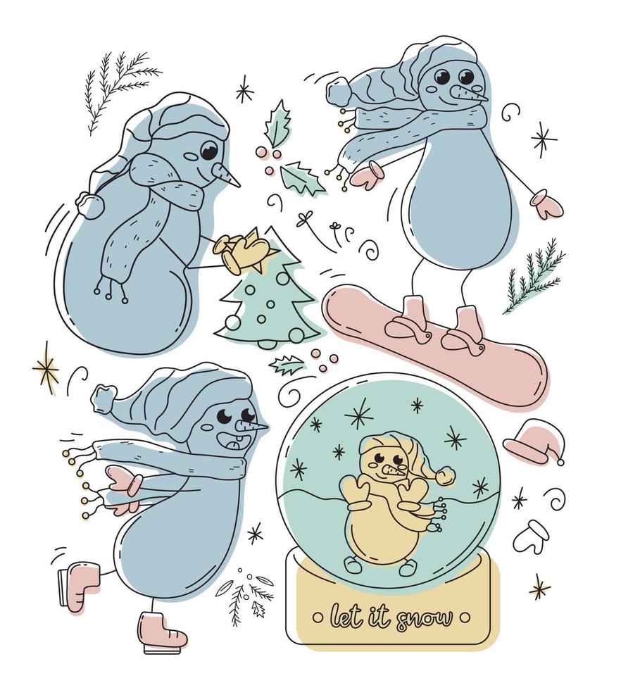 Hand-drawn set of colored snowmen doodles. Children's Hipster abstract doodles with funny creatures, snow globe, Christmas tree, fir branches and mistletoe . Kawaii colorful vector illustrations.