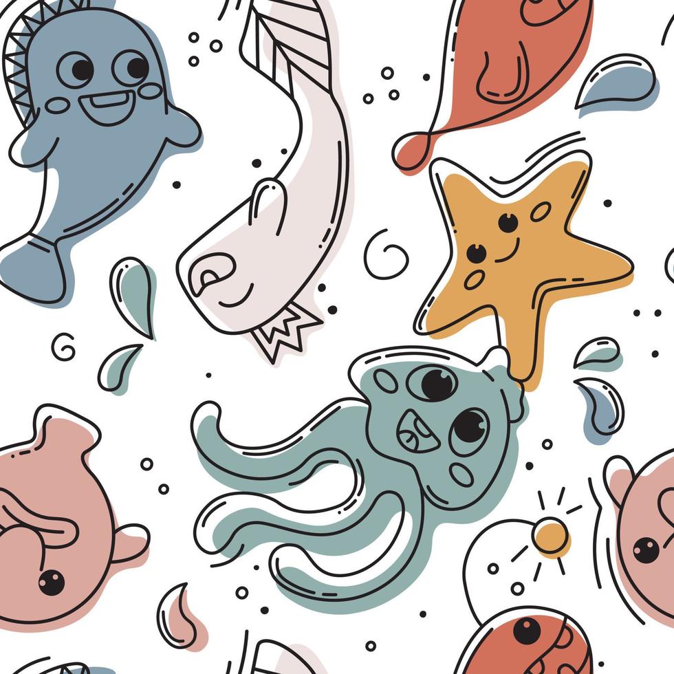 Hand-drawn seamless doodle pattern of doodle colored fish. Hipster abstract doodles with funny creatures. Fish, jellyfish, starfish, blob fish. Kawaii colorful vector pattern for printing.
