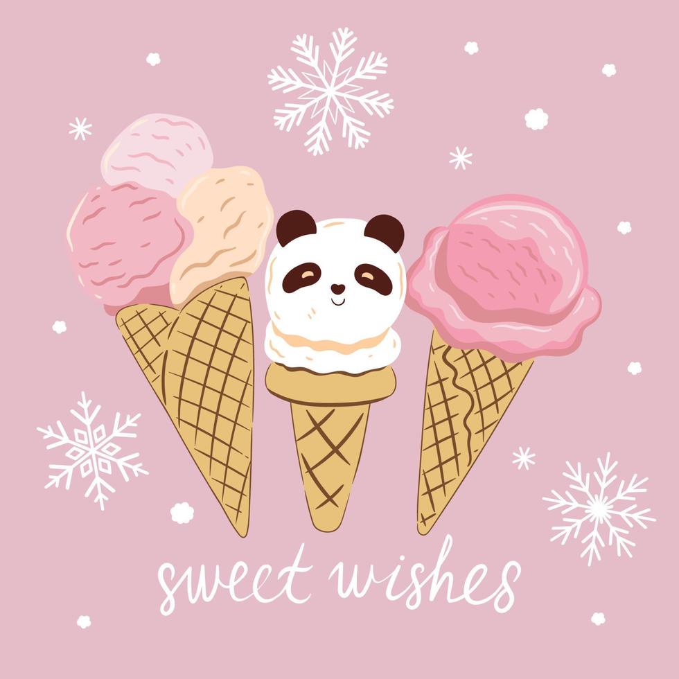 Cute pink card with panda-shaped ice cream. Vector graphics.