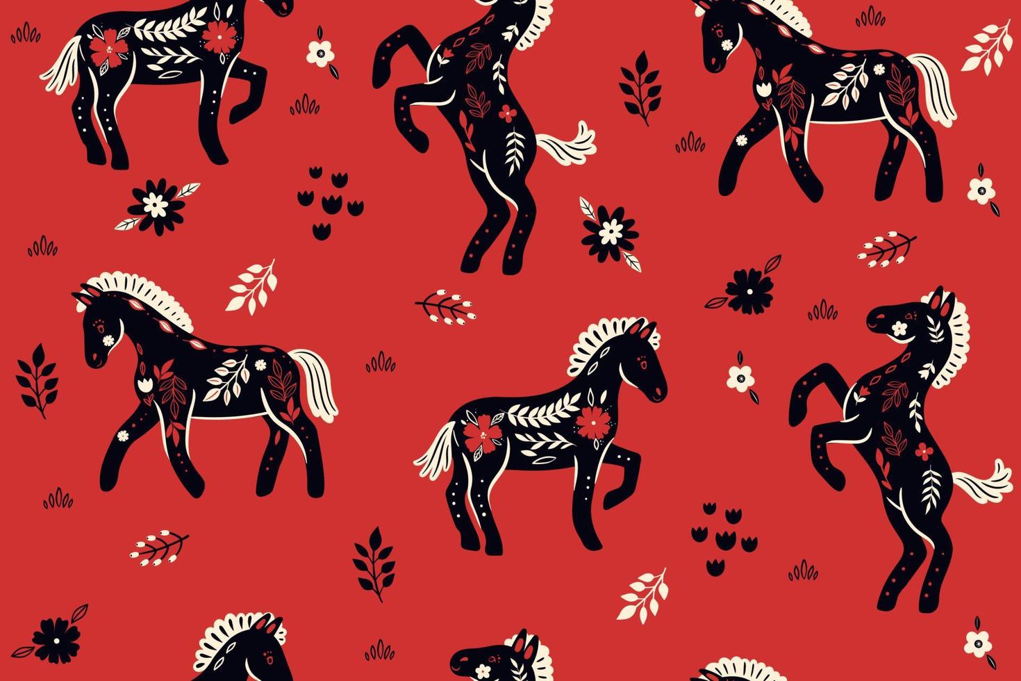 patrón impecable con caballos con adorno floral sobre un fondo rojo. gráficos vectoriales vector