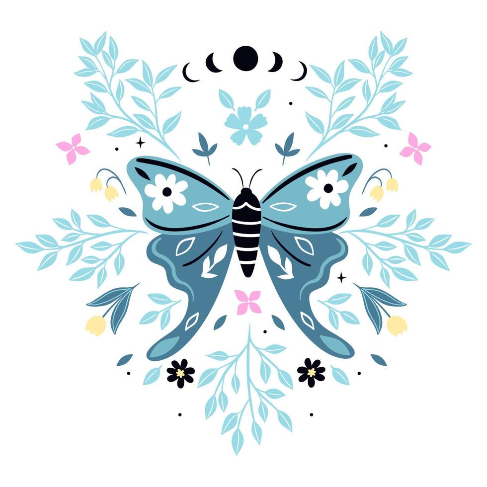 Composition with butterfly and floral elements isolated on white background. Vector graphics.