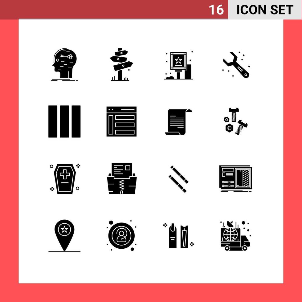 Universal Icon Symbols Group of 16 Modern Solid Glyphs of wrench plumbing sign adjustable billboard Editable Vector Design Elements