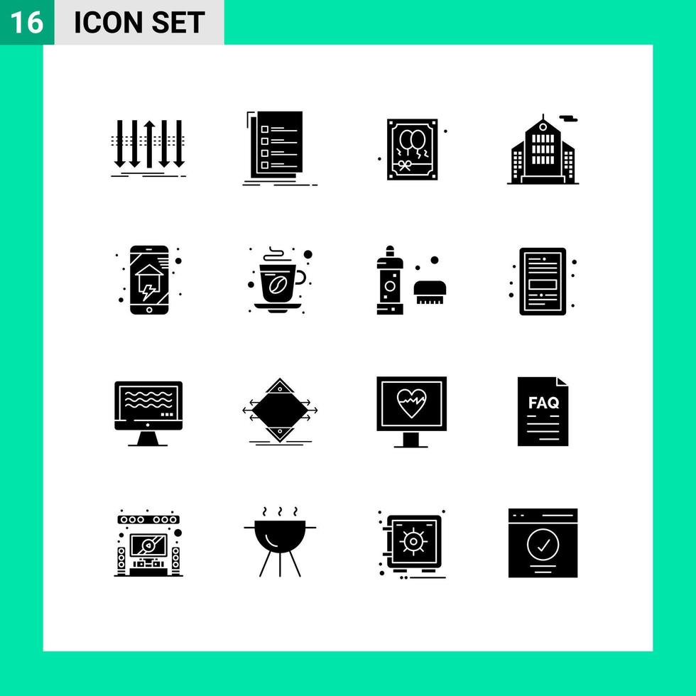 16 Thematic Vector Solid Glyphs and Editable Symbols of domestics business task building night Editable Vector Design Elements