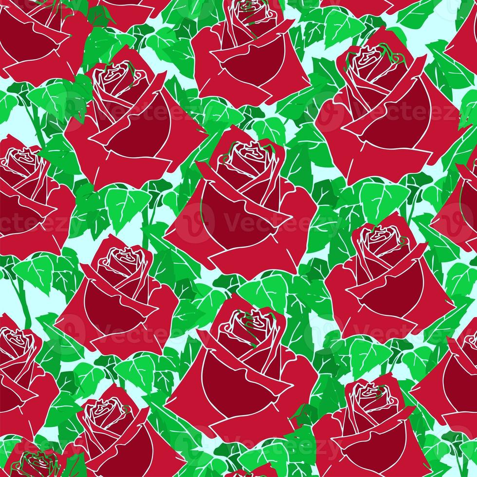 seamless pattern of large red rose buds with leaves on a light green background, texture, design photo