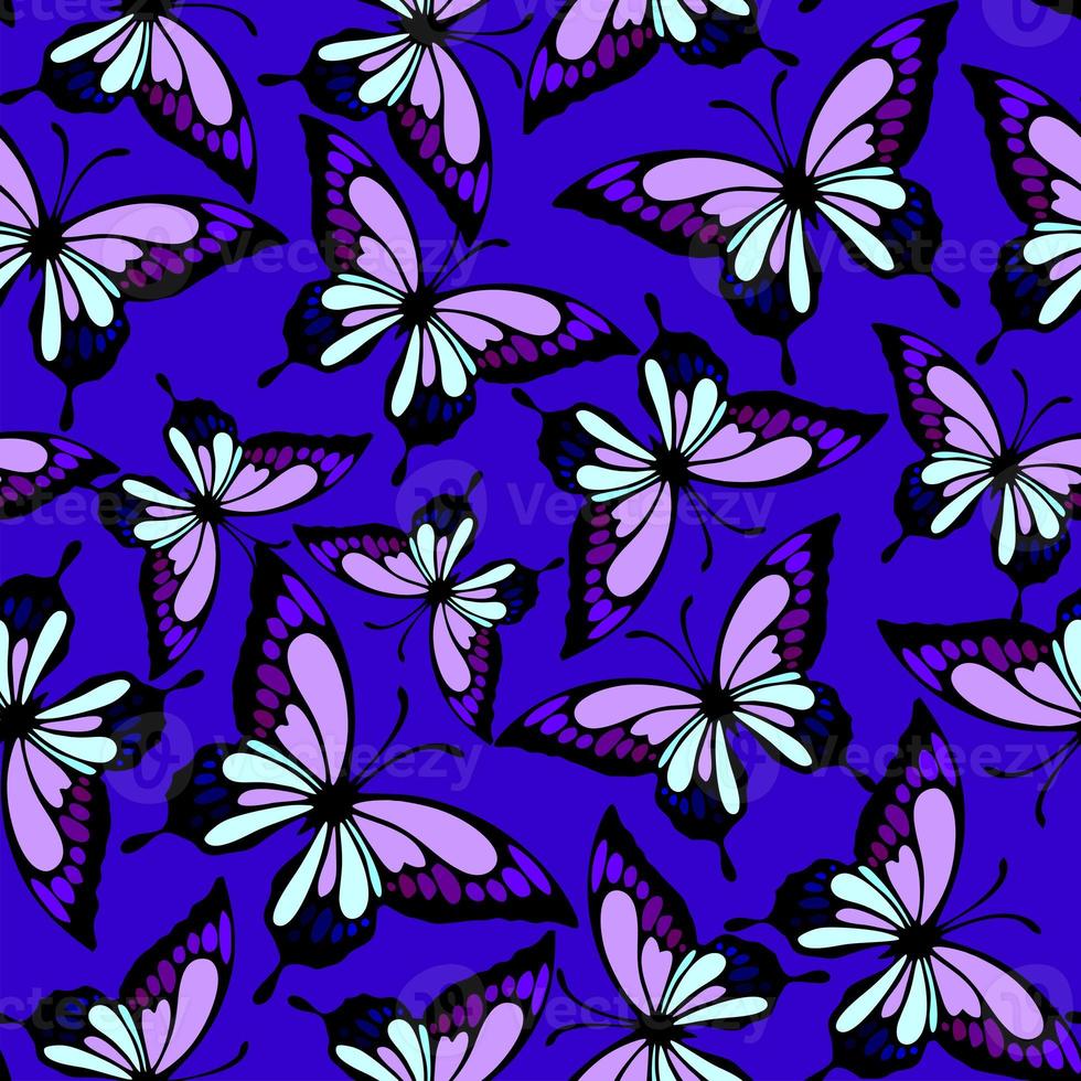 seamless repeating pattern of black and purple butterflies on a blue background, texture, design photo