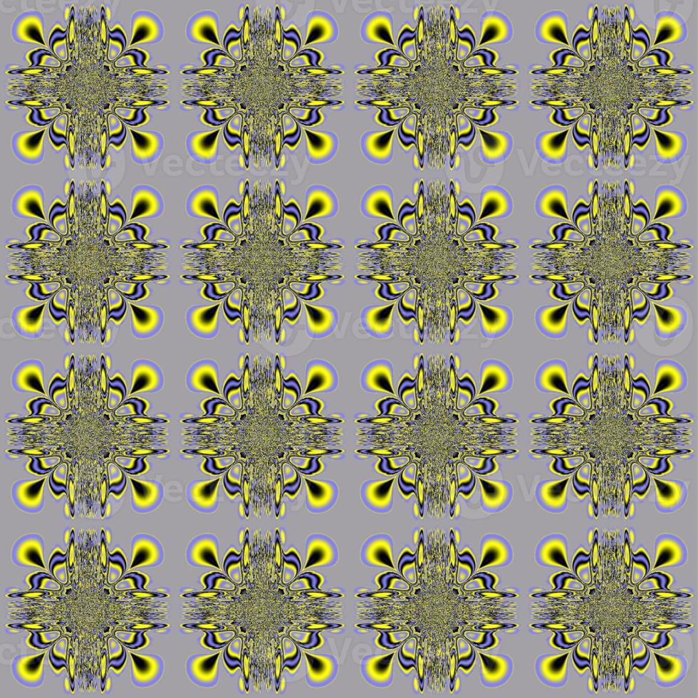 geometric seamless floral symmetrical pattern in yellow and blue tones on a gray background, tile, texture, design photo