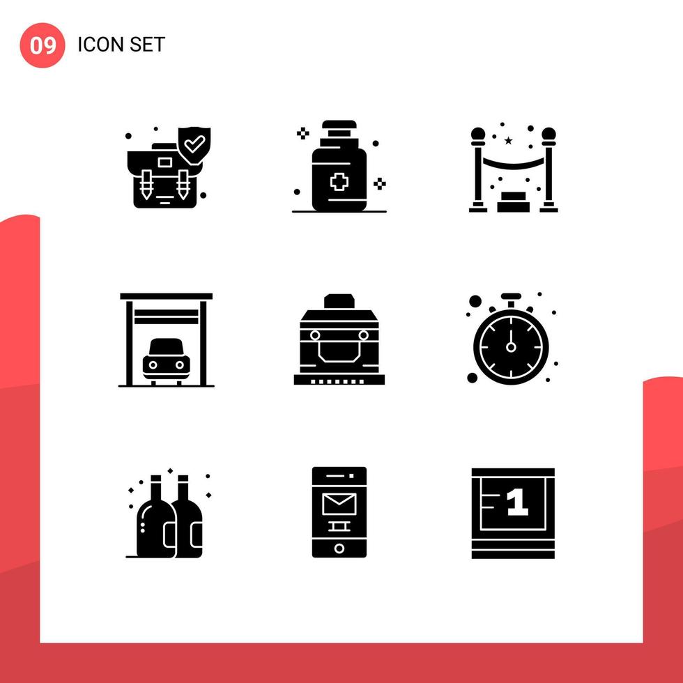 Group of 9 Modern Solid Glyphs Set for treasure box queue bandit garage Editable Vector Design Elements