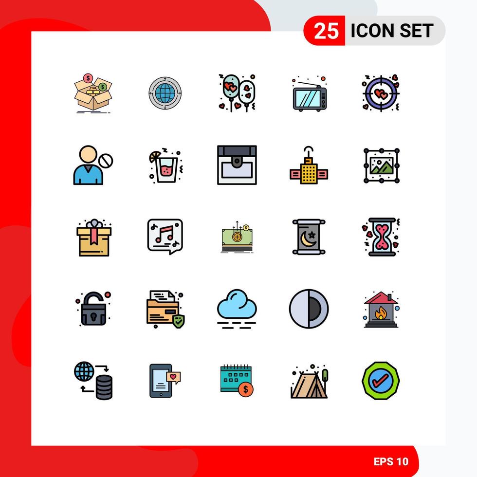 25 Thematic Vector Filled line Flat Colors and Editable Symbols of television romantic connection party balloon Editable Vector Design Elements