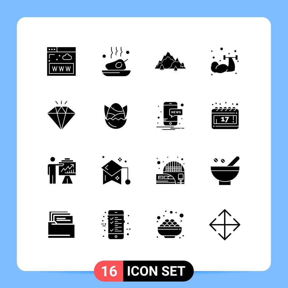 Mobile Interface Solid Glyph Set of 16 Pictograms of weightlifting exercise roasted dumbbell nature Editable Vector Design Elements