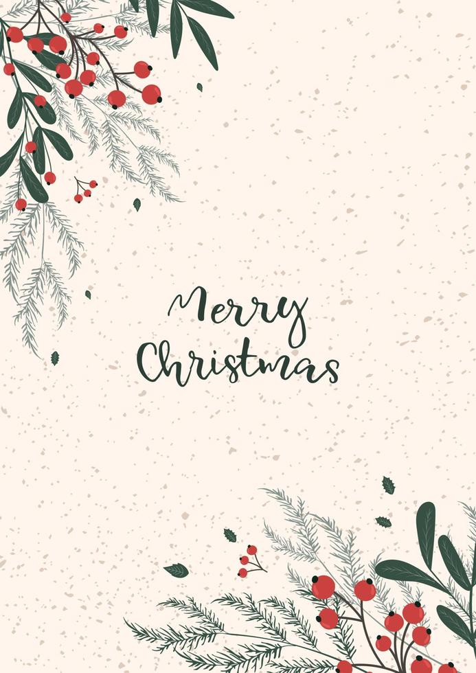 Template poster, Christmas and New Year card with a winter pattern of branches, Christmas trees and red berries on the background. Vector