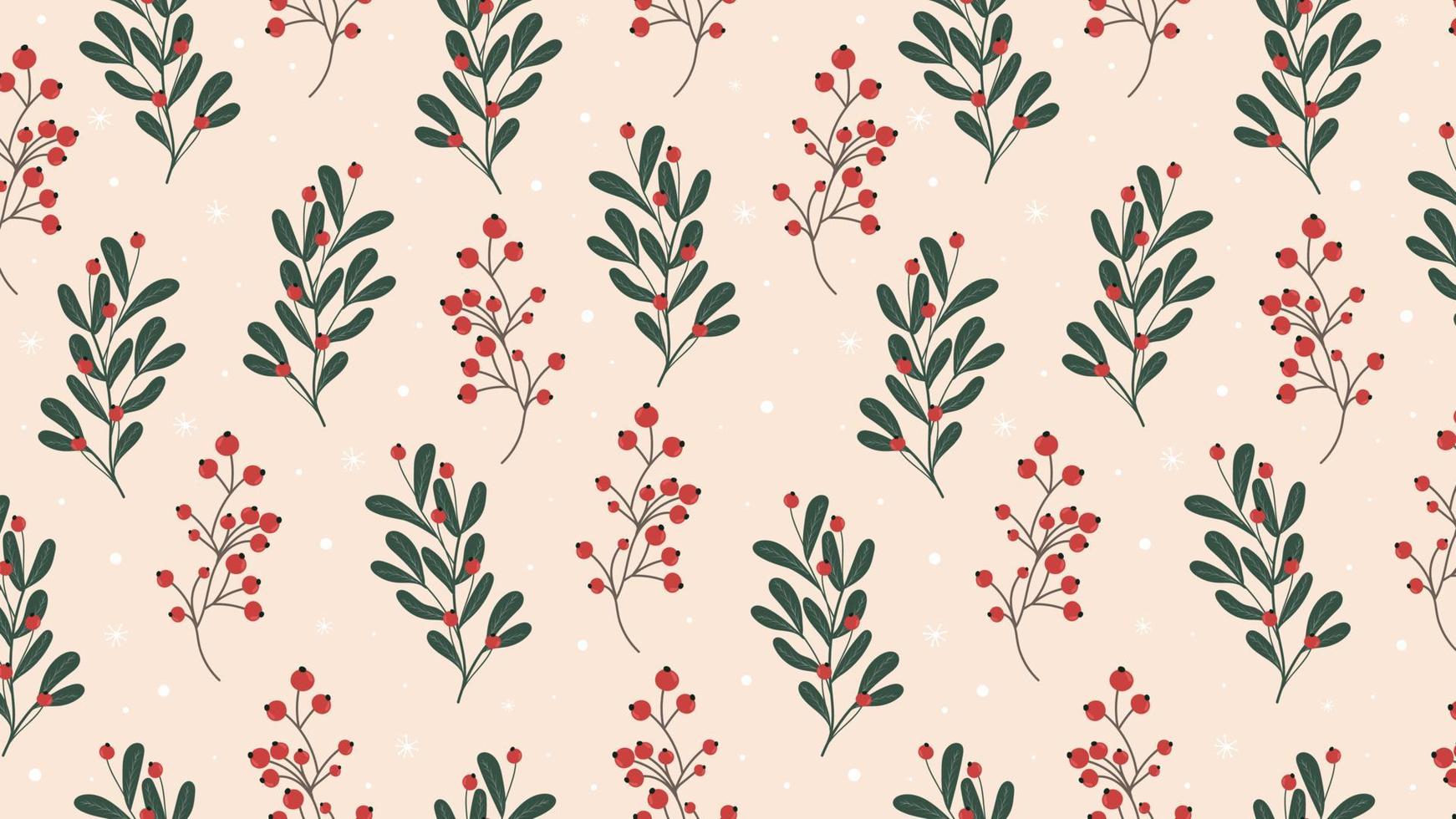 Horizontal New Year background for web with seamless pattern with branches, with red berries, rowanberries. Vector