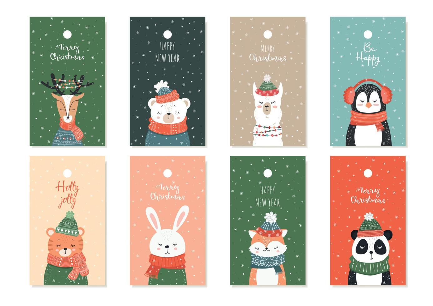 New Year's Eve template set for tags, postcards with cute sleeping animals. Children's illustration of animals. Vector