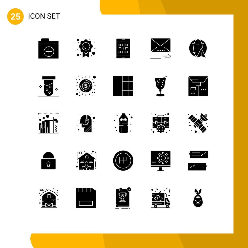 grupo de 25 signos y símbolos de glifos sólidos para elementos de diseño de vectores editables de correo electrónico de navegación móvil siguiente globo