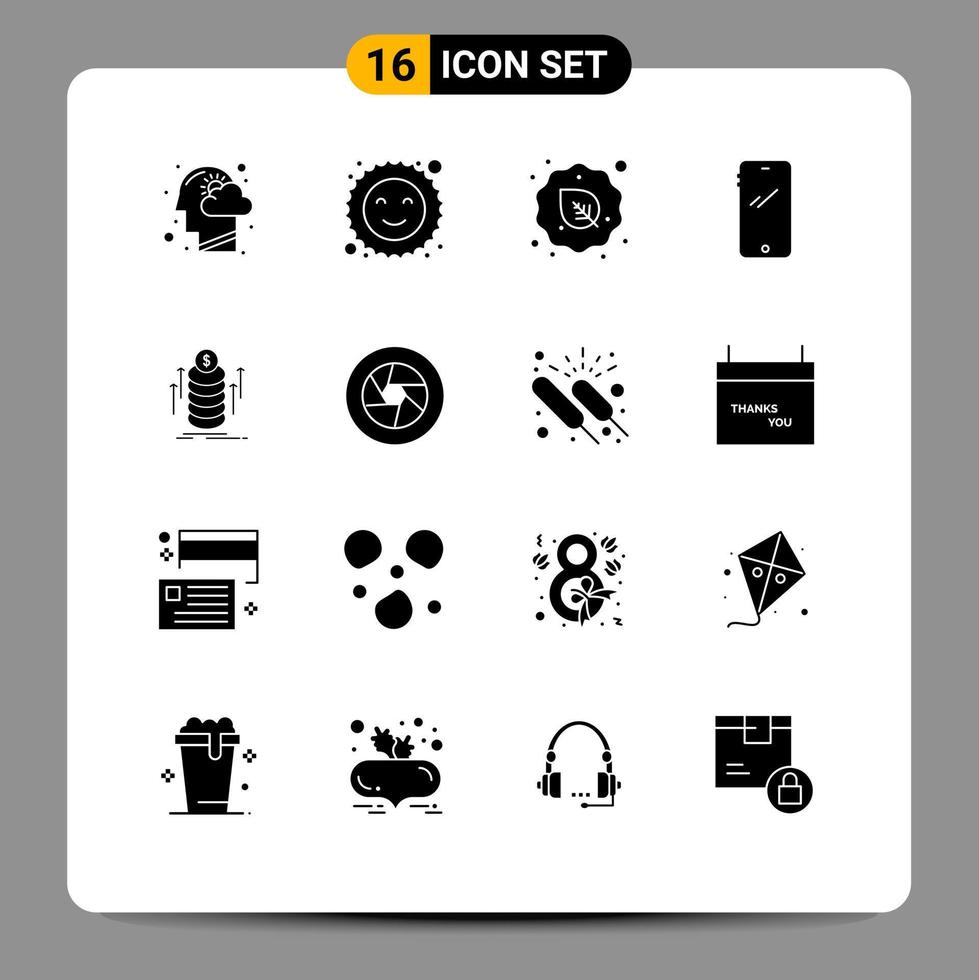 Group of 16 Modern Solid Glyphs Set for iphone mobile diet smart phone vegetarian Editable Vector Design Elements