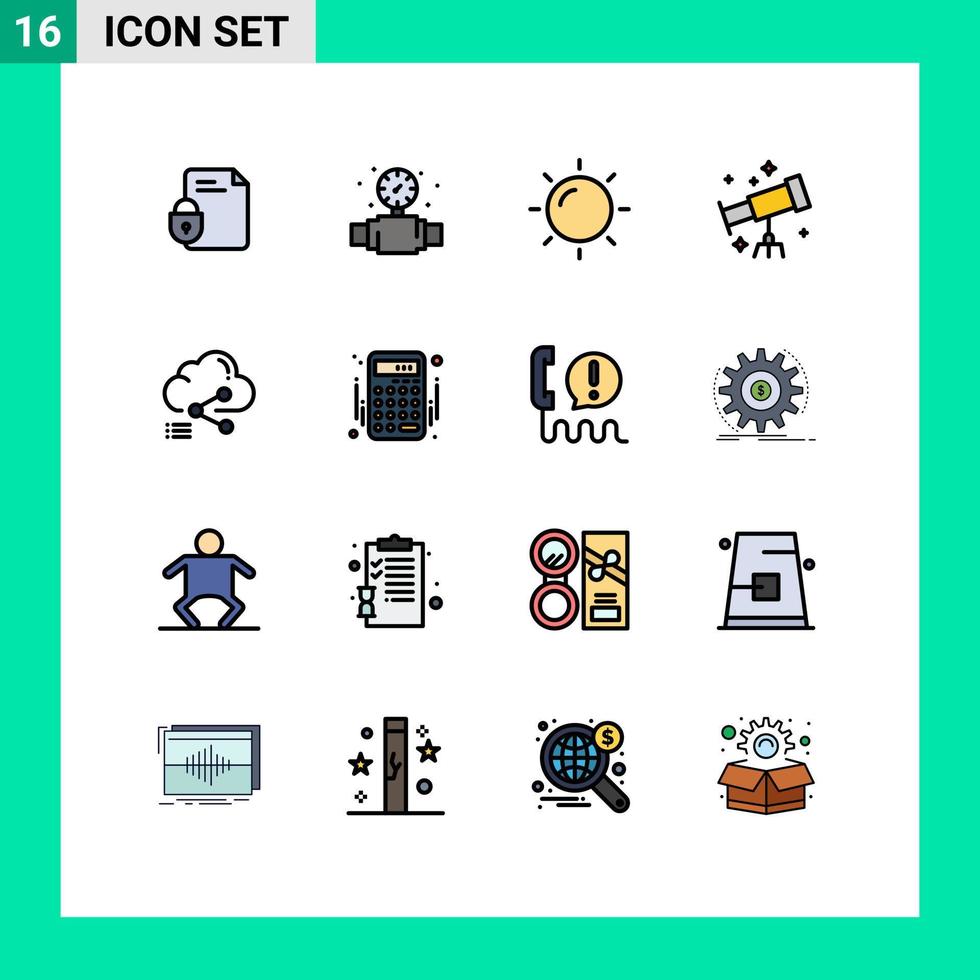 16 líneas llenas de colores planos universales establecidas para aplicaciones web y móviles telescopio en la nube plomería espacio vacaciones elementos de diseño de vectores creativos editables