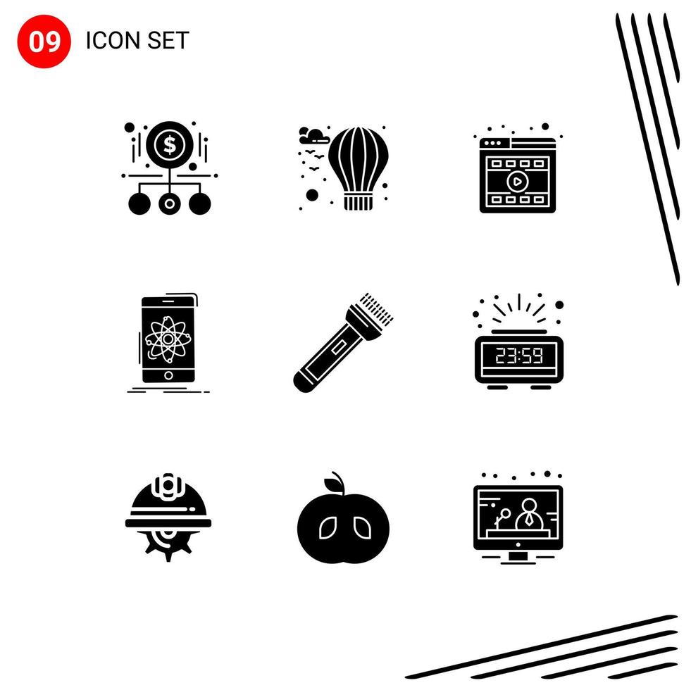 Mobile Interface Solid Glyph Set of 9 Pictograms of torch research browser mobile data Editable Vector Design Elements