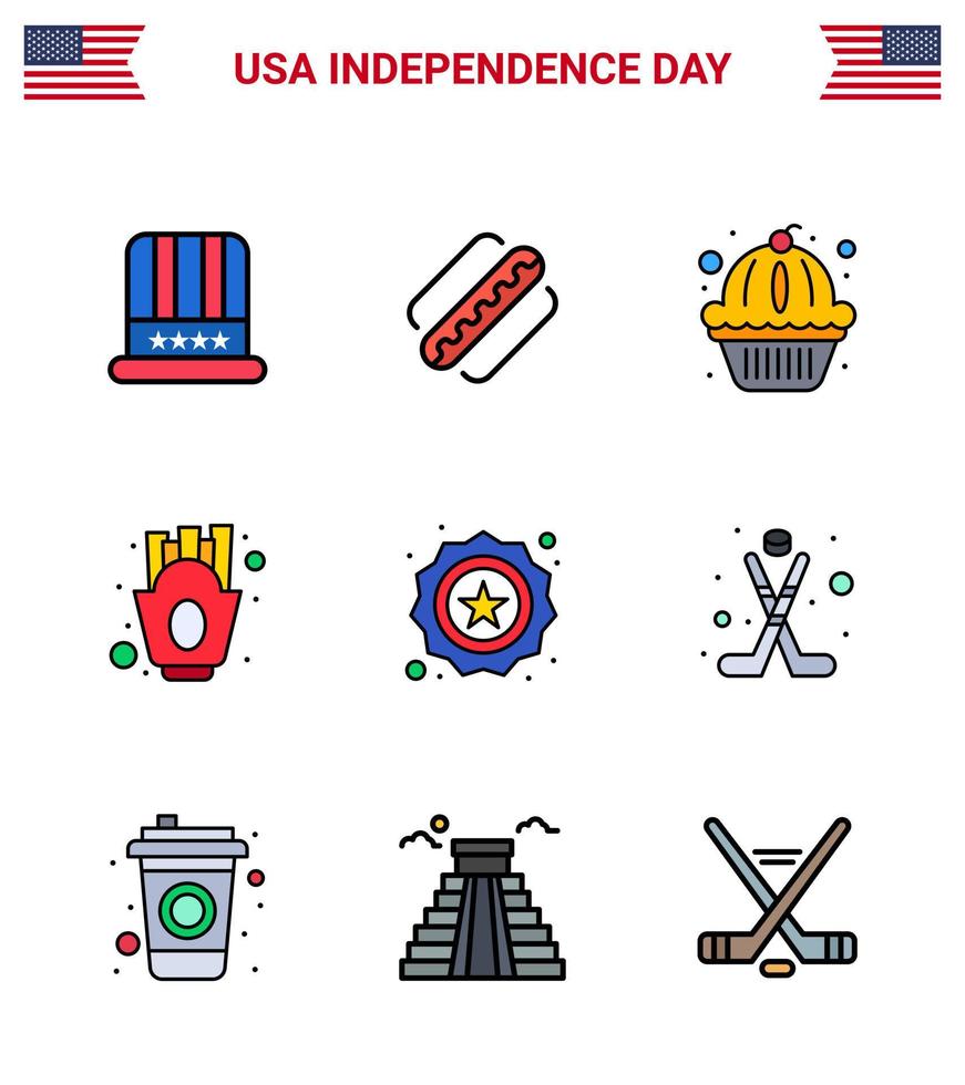 conjunto de 9 líneas planas vectoriales rellenas el 4 de julio, día de la independencia de EE. UU., como alimentos de seguridad, papas fritas americanas, chips editables, elementos de diseño vectorial del día de EE. UU. vector