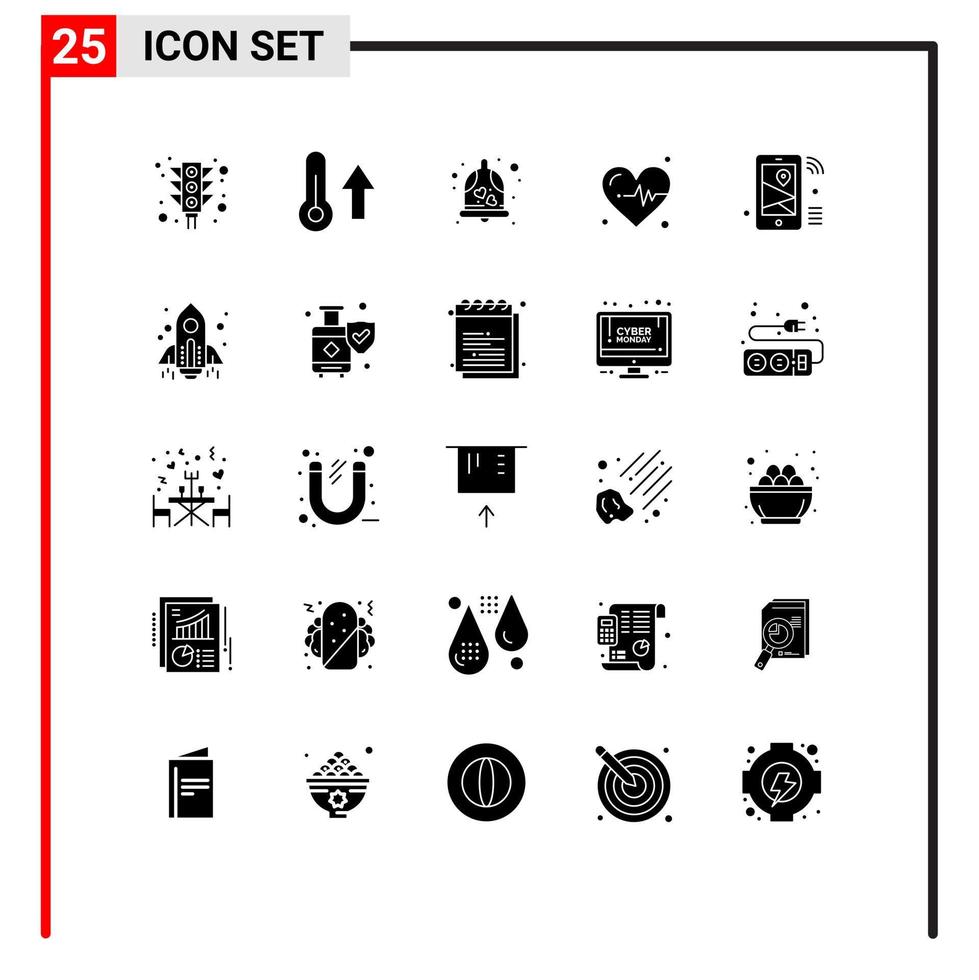 25 Thematic Vector Solid Glyphs and Editable Symbols of iot heartbeat weather heart wedding bell Editable Vector Design Elements