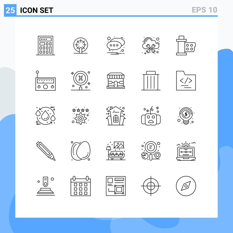 paquete de 25 líneas modernas, signos y símbolos para medios de impresión web, como elementos de diseño de vectores editables en la nube de película de texto de carrete