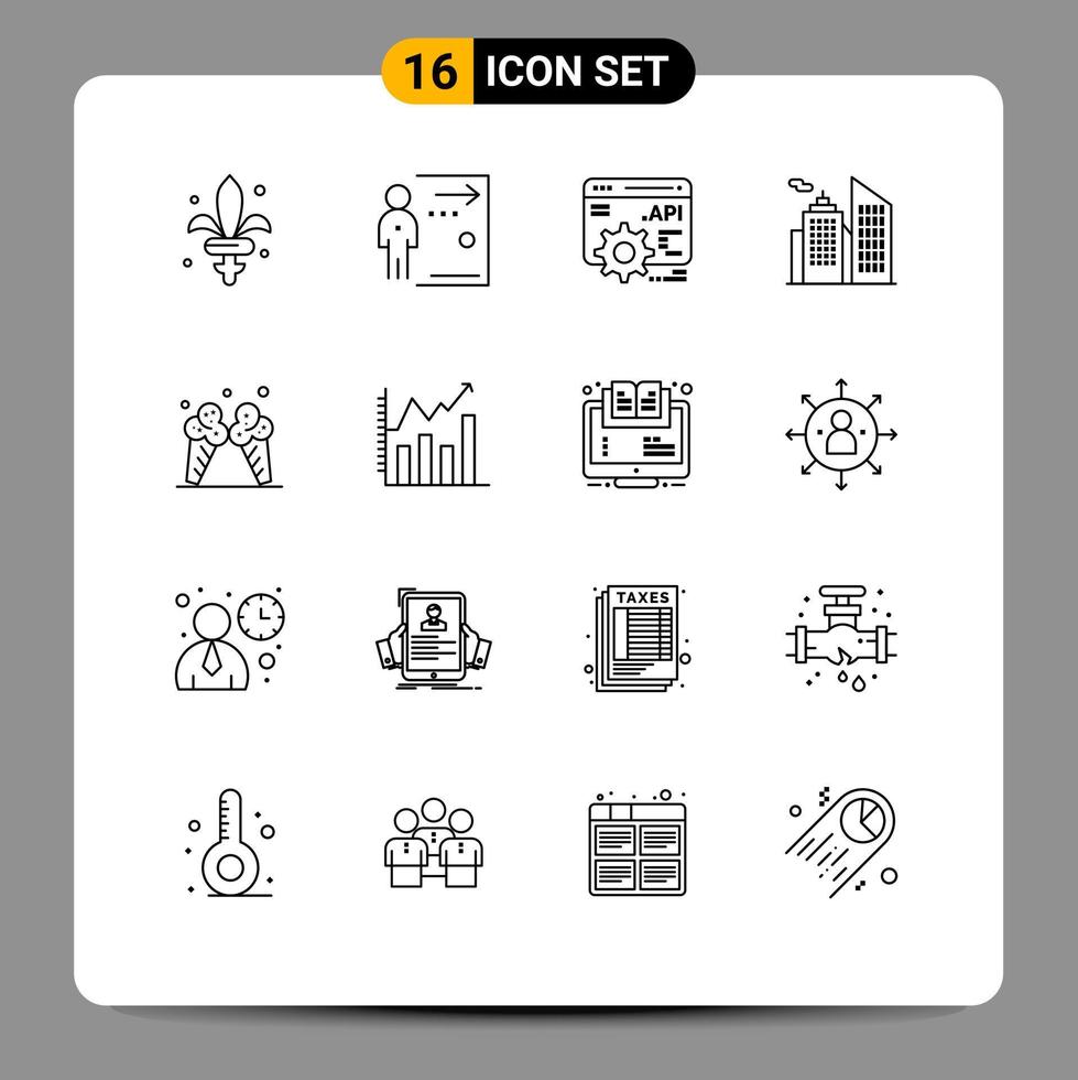 Modern Set of 16 Outlines Pictograph of cream icecream person office building Editable Vector Design Elements