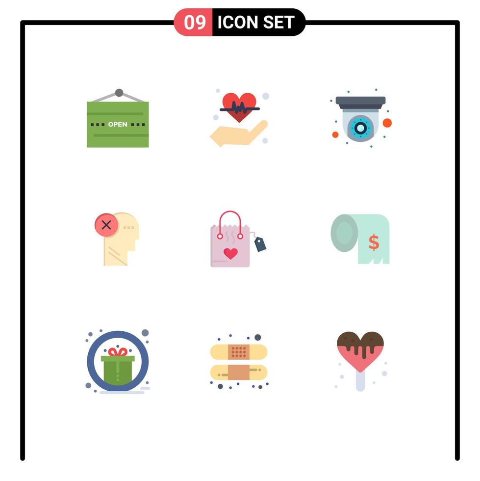 User Interface Pack of 9 Basic Flat Colors of mark head heart failure security camera Editable Vector Design Elements