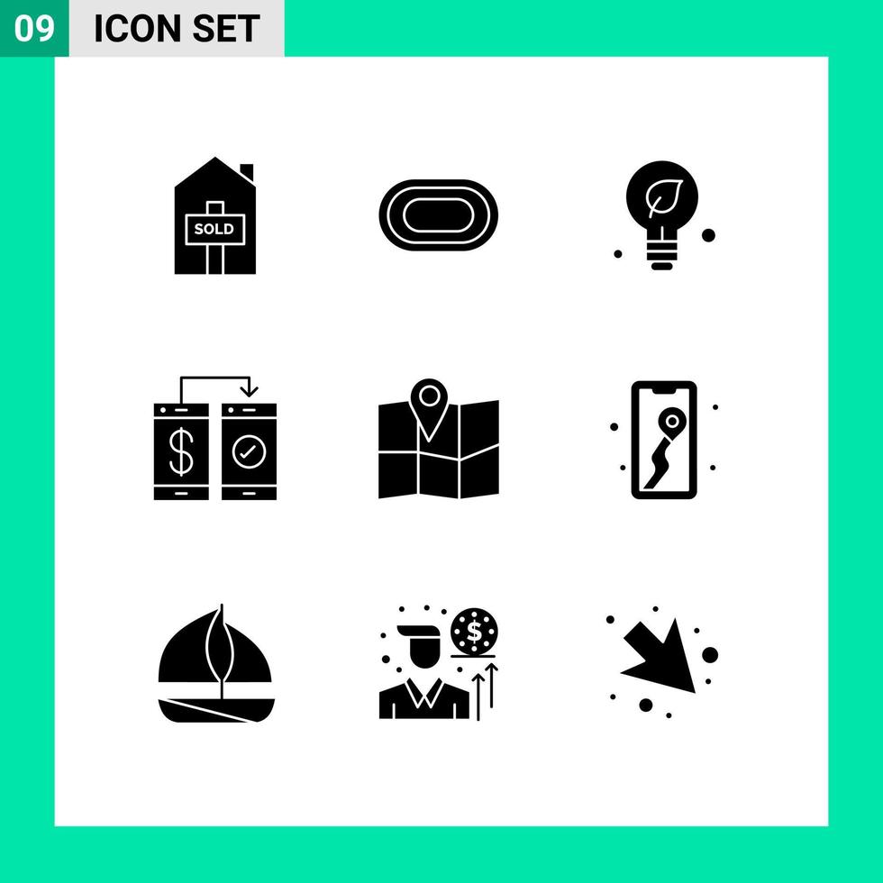 Universal Icon Symbols Group of 9 Modern Solid Glyphs of map wallet environment payment cashless Editable Vector Design Elements
