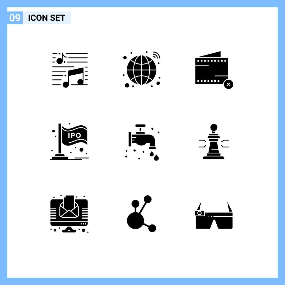 Group of 9 Modern Solid Glyphs Set for bar market network ipo money Editable Vector Design Elements