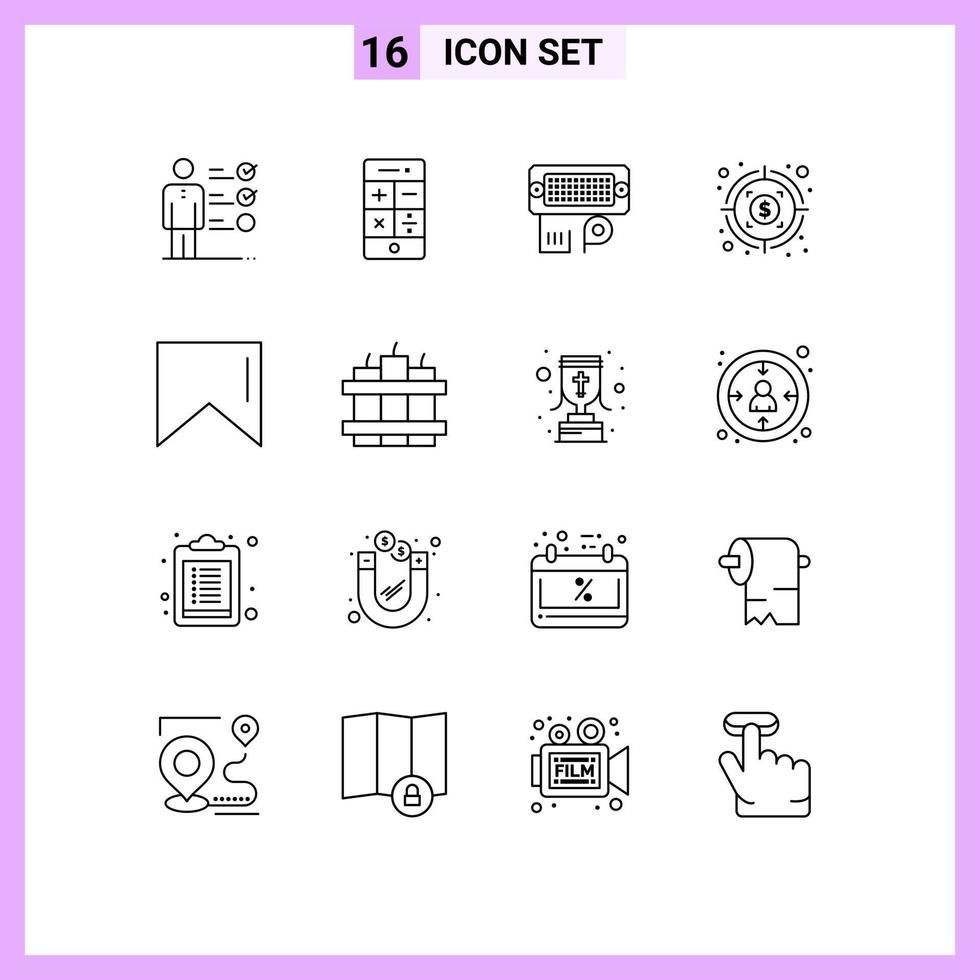 Set of 16 Modern UI Icons Symbols Signs for bomb banner adapter target money Editable Vector Design Elements