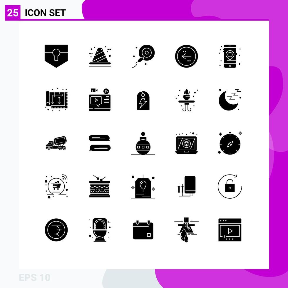 Mobile Interface Solid Glyph Set of 25 Pictograms of gps direction development circle arrow Editable Vector Design Elements