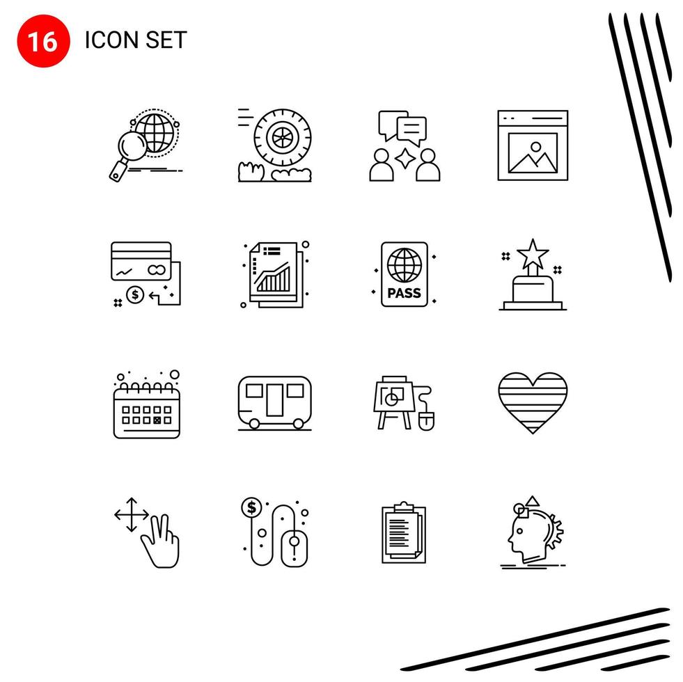 16 User Interface Outline Pack of modern Signs and Symbols of card user man picture content Editable Vector Design Elements