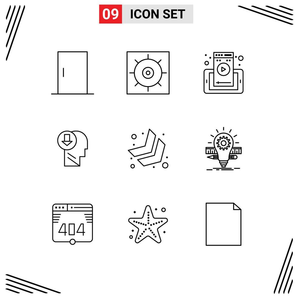 grupo de símbolos de icono universal de 9 contornos modernos de chevron abajo elementos de diseño de vector editables de cabeza de conocimiento móvil