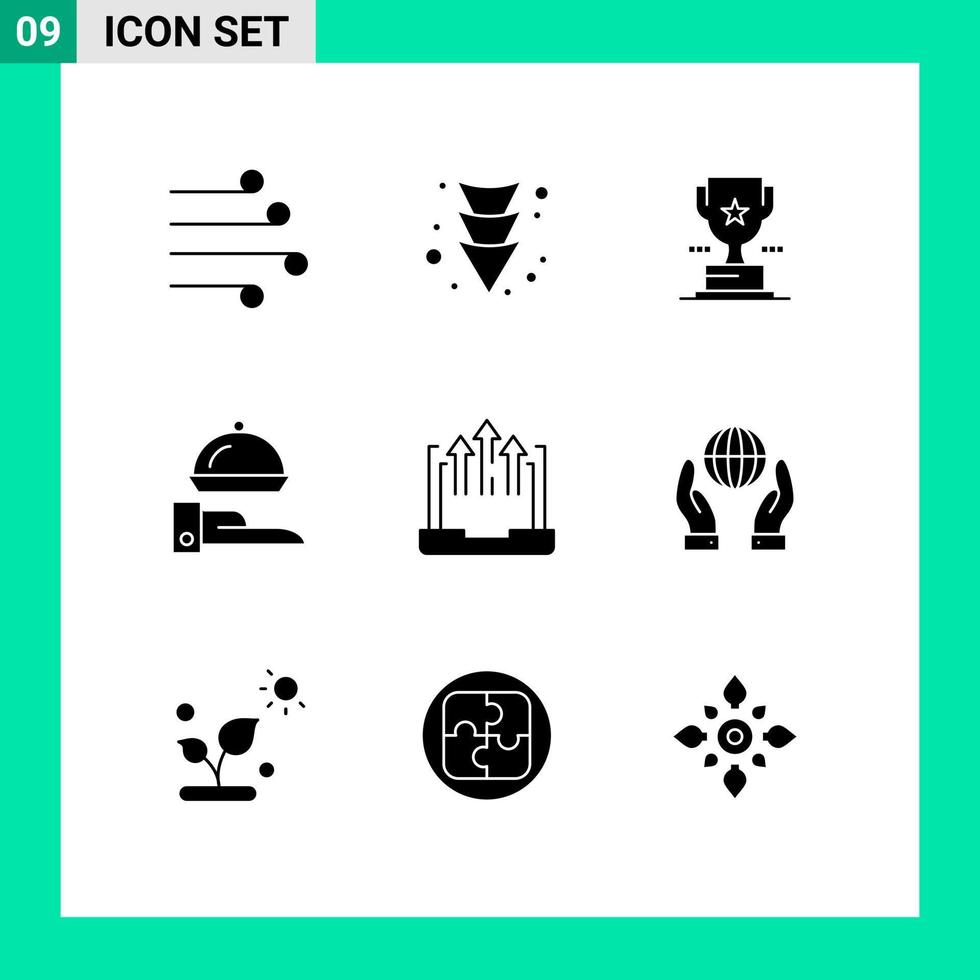 paquete de 9 signos y símbolos de glifos sólidos modernos para medios de impresión web, como elementos de diseño de vectores editables de comida de restaurante de taza de servicio comercial