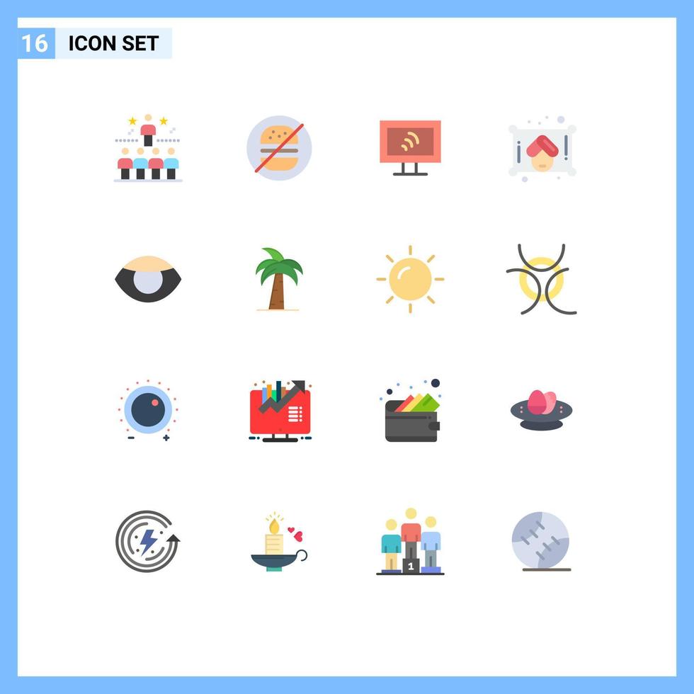 Mobile Interface Flat Color Set of 16 Pictograms of human eye no sauna woman Editable Pack of Creative Vector Design Elements