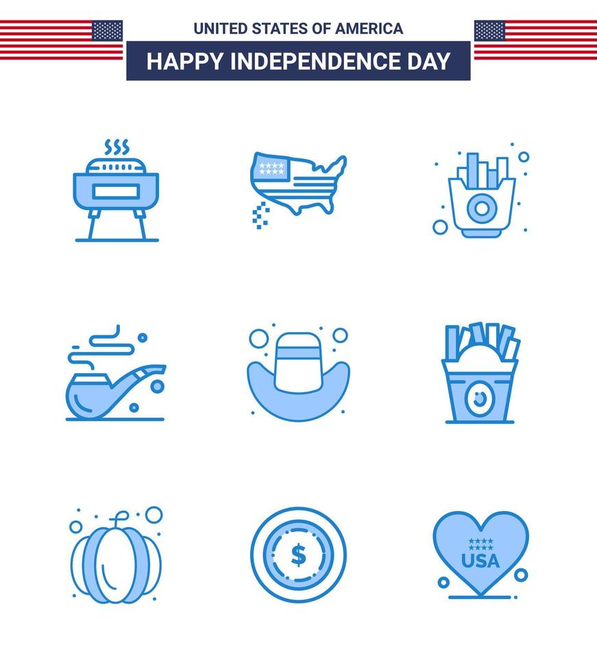 Happy Independence Day 9 Blues Icon Pack for Web and Print hat american fast st pipe Editable USA Day Vector Design Elements