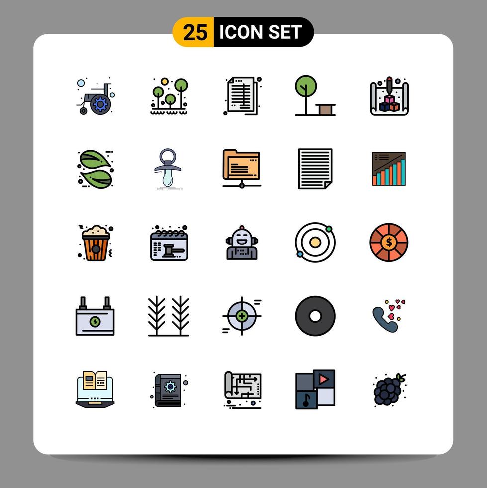 paquete de 25 modernos signos y símbolos de colores planos de línea rellena para medios de impresión web, como elementos de diseño de vectores editables de balance de contabilidad de supervivencia de la ciudad del parque