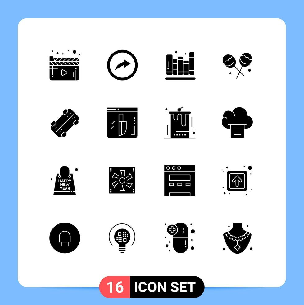 Universal Icon Symbols Group of 16 Modern Solid Glyphs of evidence skateboard books skate confectionery Editable Vector Design Elements