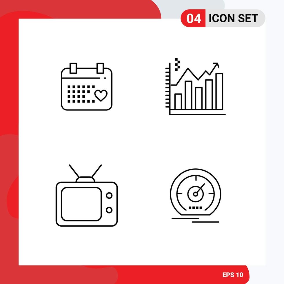 Set of 4 Modern UI Icons Symbols Signs for calender television wedding business watch Editable Vector Design Elements