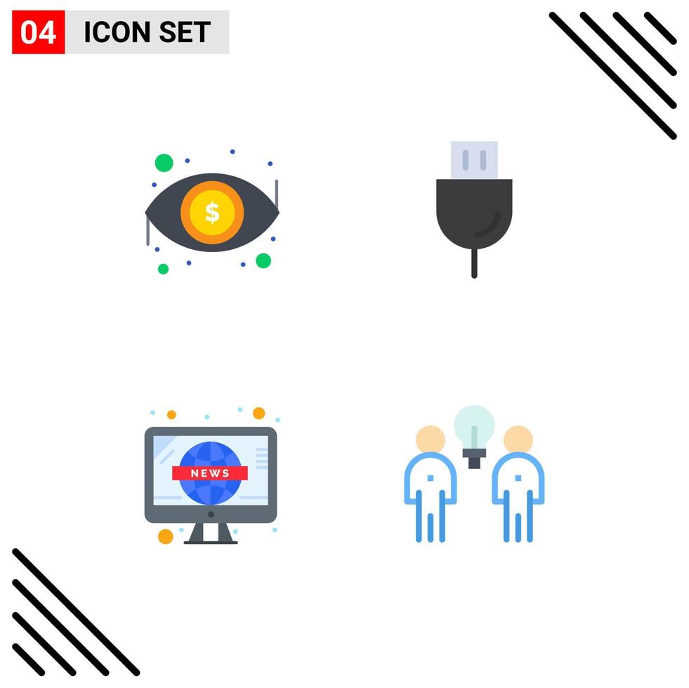 4 Thematic Vector Flat Icons and Editable Symbols of dollar news view plug television Editable Vector Design Elements