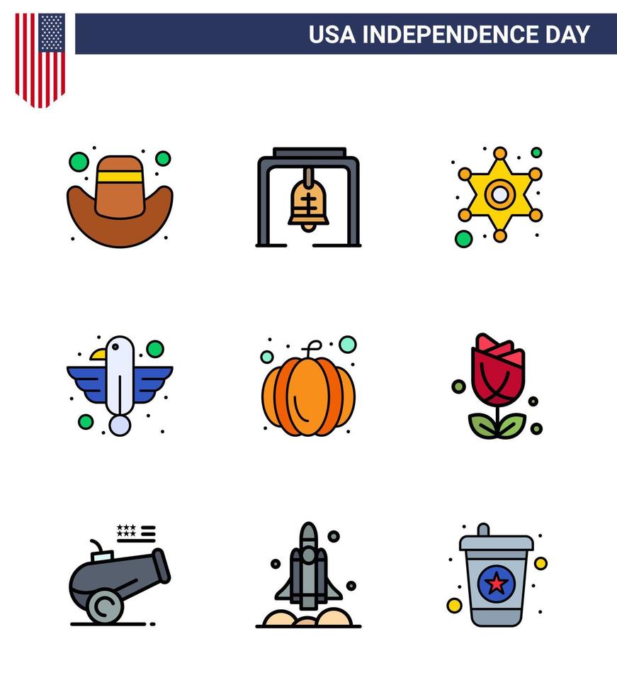 paquete de 9 líneas planas rellenas creativas relacionadas con el día de la independencia de estados unidos de calabaza estado policía águila animal editable día de estados unidos elementos de diseño vectorial vector