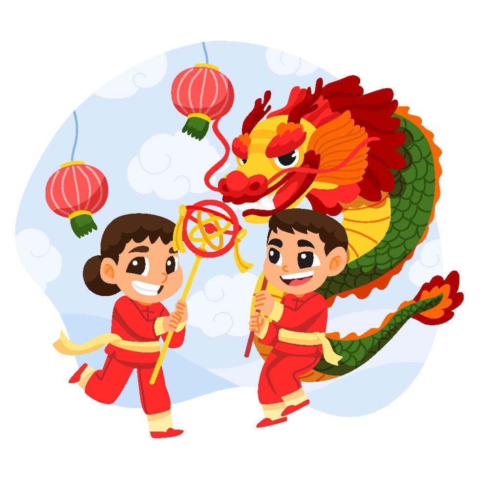 niño realiza la danza del dragón en el festival de año nuevo de china vector