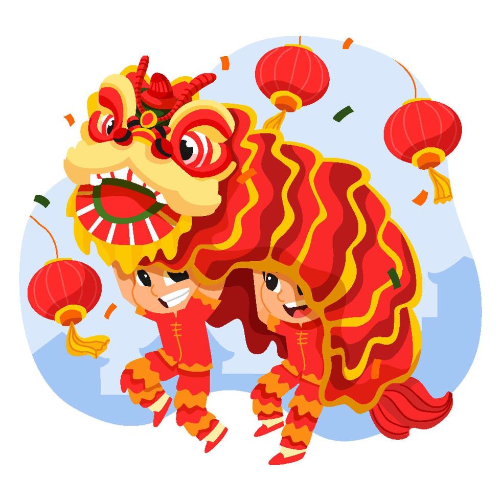niño realiza la danza del león en el festival de año nuevo de china vector