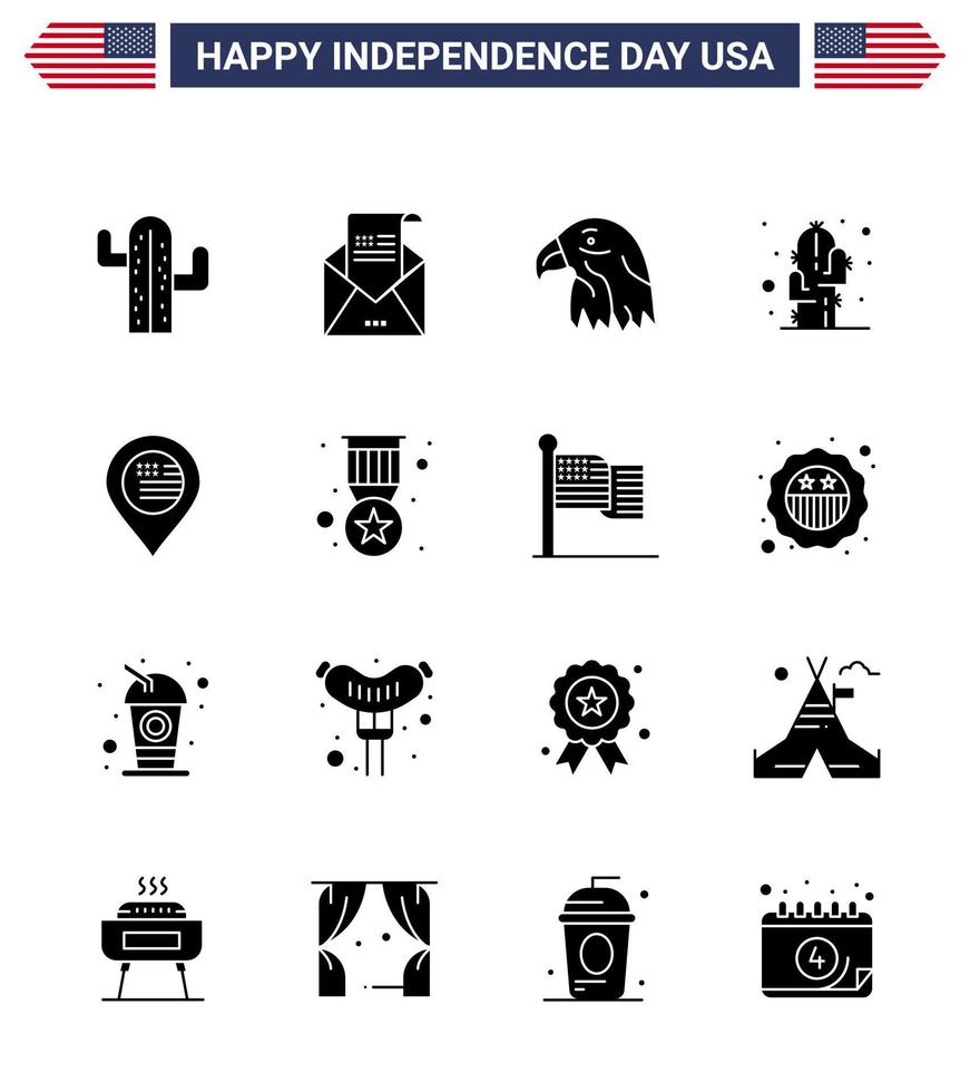 16 USA Solid Glyph Pack of Independence Day Signs and Symbols of american plant mail flower usa Editable USA Day Vector Design Elements