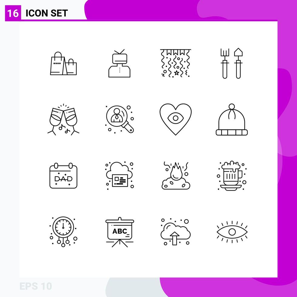 Modern Set of 16 Outlines Pictograph of drink shovel person rake garden Editable Vector Design Elements