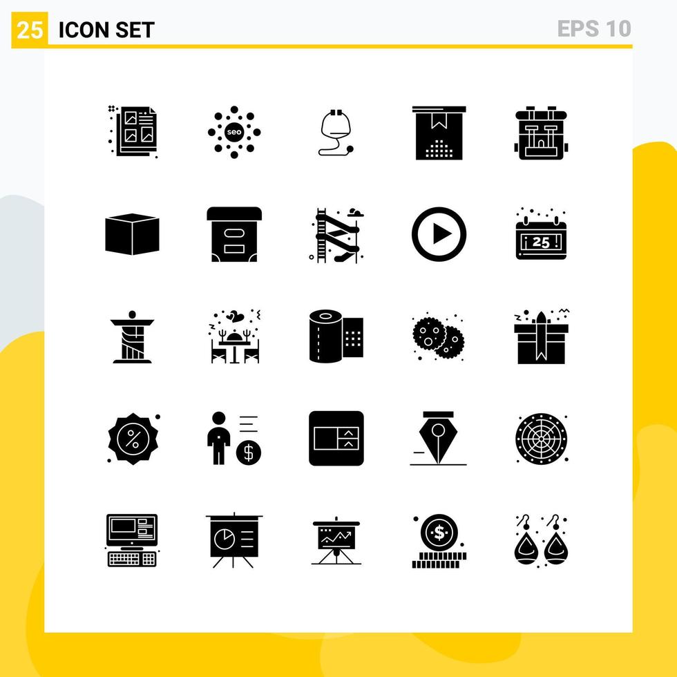 Mobile Interface Solid Glyph Set of 25 Pictograms of bag present medical holiday celebration Editable Vector Design Elements