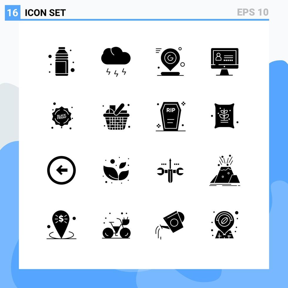 Set of 16 Modern UI Icons Symbols Signs for security computer storm mark pin Editable Vector Design Elements