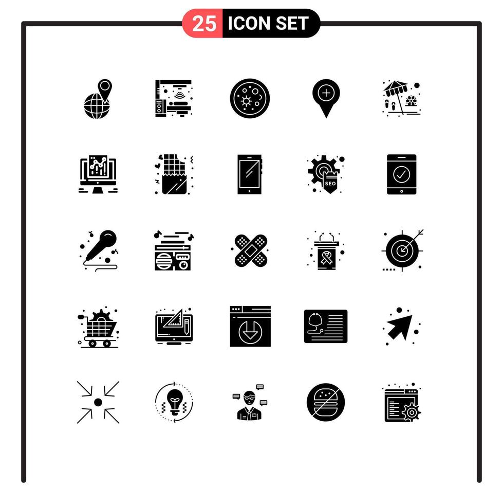 Mobile Interface Solid Glyph Set of 25 Pictograms of beach pin biology navigation location Editable Vector Design Elements