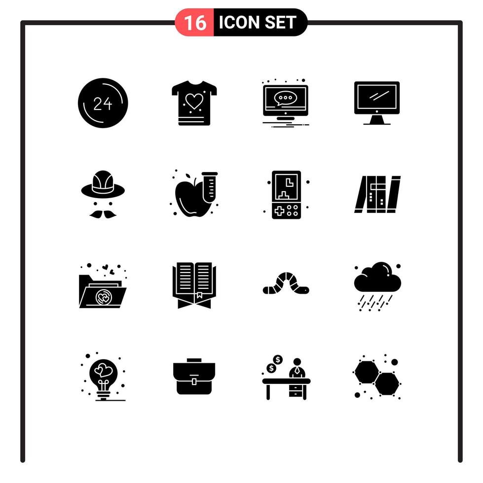 Pack of 16 Modern Solid Glyphs Signs and Symbols for Web Print Media such as pc device chat monitor screen Editable Vector Design Elements