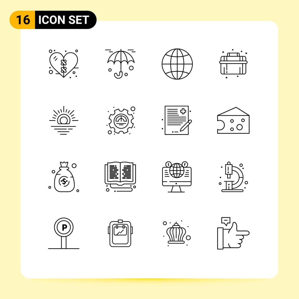 16 User Interface Outline Pack of modern Signs and Symbols of weather sun globe system plumber Editable Vector Design Elements