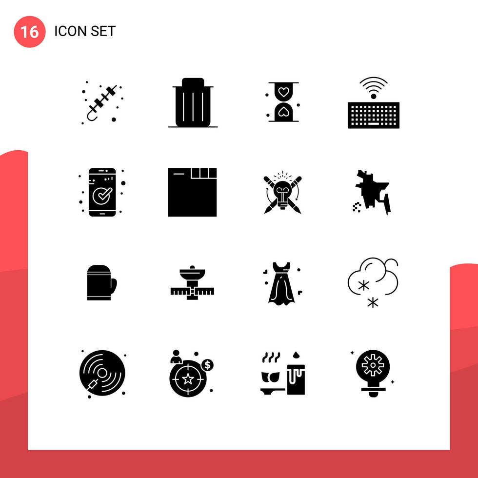 16 glifos sólidos universales establecidos para aplicaciones web y móviles llaves hardware eliminar elementos de diseño vectorial editables de vidrio en espera vector